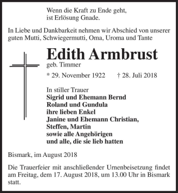 Traueranzeige von Edith Armbrust (geb. Timmer)  von Magdeburger Volksstimme