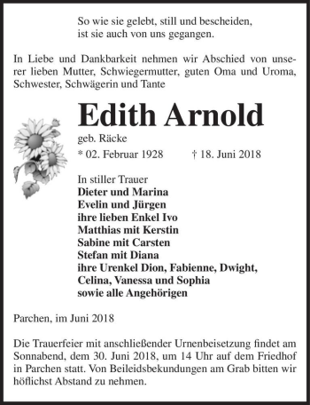 Traueranzeige von Edith Arnold (geb. Räcke)  von Magdeburger Volksstimme