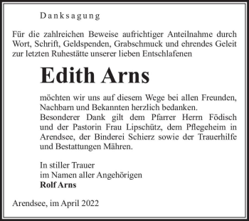 Traueranzeige von Edith Arns  von Magdeburger Volksstimme