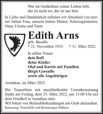 Traueranzeige von Edith Arns (geb. Basalla)  von Magdeburger Volksstimme