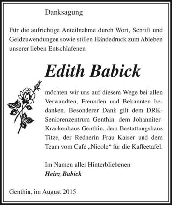 Traueranzeige von Edith Babick  von Magdeburger Volksstimme