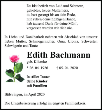 Traueranzeige von Edith Bachmann (geb. Kliemke)  von Magdeburger Volksstimme