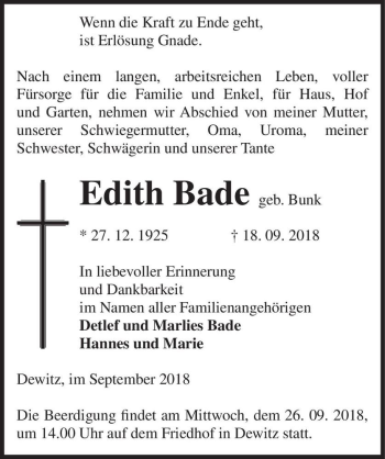 Traueranzeige von Edith Bade (geb. Bunk)  von Magdeburger Volksstimme