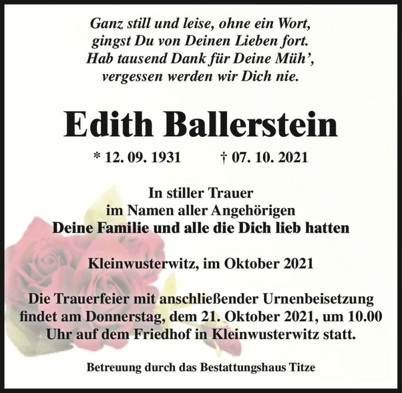  Traueranzeige für Edith Ballerstein  vom 16.10.2021 aus Magdeburger Volksstimme