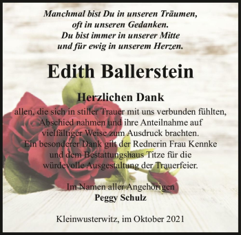 Traueranzeige von Edith Ballerstein  von Magdeburger Volksstimme