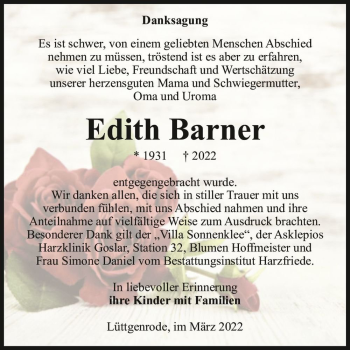 Traueranzeige von Edith Barner  von Magdeburger Volksstimme