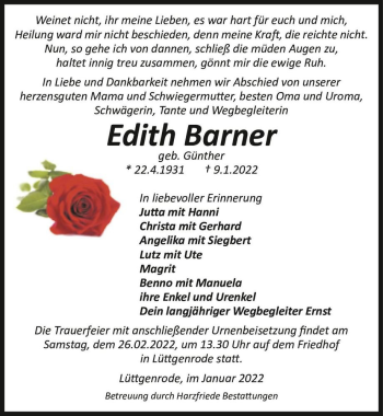Traueranzeige von Edith Barner (geb. Günther)  von Magdeburger Volksstimme