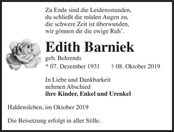 Traueranzeige von Edith Barniek (geb. Behrends)  von Magdeburger Volksstimme