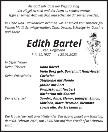 Traueranzeige von Edith Bartel (geb. Hoffmann)  von Magdeburger Volksstimme