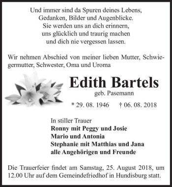 Traueranzeige von Edith Bartels (geb. Pasemann)  von Magdeburger Volksstimme