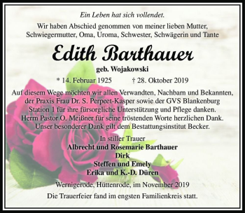 Traueranzeige von Edith Barthauer (geb. Wojakowski)  von Magdeburger Volksstimme