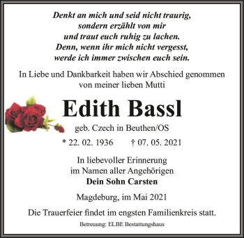 Traueranzeige von Edith Bassl (geb. Czech)  von Magdeburger Volksstimme