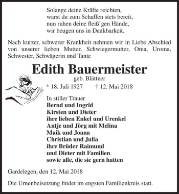 Traueranzeige von Edith Bauermeister (geb. Blättner)  von Magdeburger Volksstimme