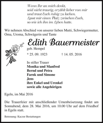 Traueranzeige von Edith Bauermeister (geb. Hempel)  von Magdeburger Volksstimme