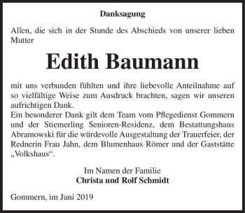 Traueranzeige von Edith Baumann  von Magdeburger Volksstimme