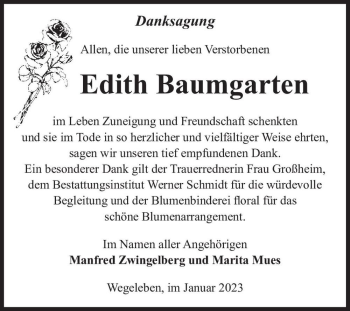 Traueranzeige von Edith Baumgarten  von Magdeburger Volksstimme
