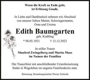 Traueranzeige von Edith Baumgarten (geb. Kießling)  von Magdeburger Volksstimme