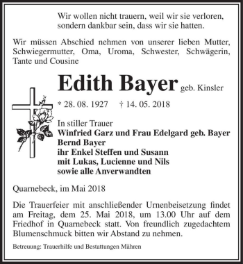 Traueranzeige von Edith Bayer (geb. Kinsler)  von Magdeburger Volksstimme
