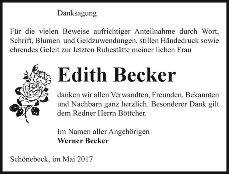  Traueranzeige für Edith Becker  vom 31.05.2017 aus Magdeburger Volksstimme