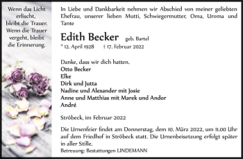 Traueranzeige von Edith Becker (geb. Bartel)  von Magdeburger Volksstimme
