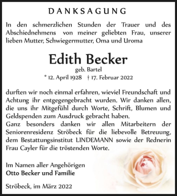 Traueranzeige von Edith Becker (geb. Bartel)  von Magdeburger Volksstimme