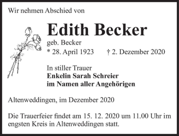 Traueranzeige von Edith Becker (geb. Becker)  von Magdeburger Volksstimme