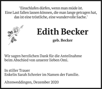 Traueranzeige von Edith Becker (geb. Becker)  von Magdeburger Volksstimme