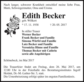 Traueranzeige von Edith Becker (geb. Wölkert)  von Magdeburger Volksstimme