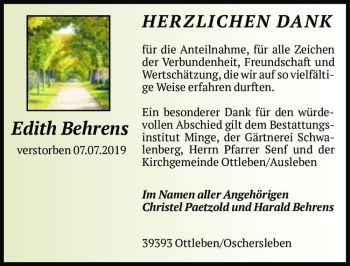 Traueranzeige von Edith Behrens  von Magdeburger Volksstimme