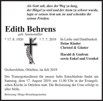 Traueranzeige von Edith Behrens (geb. Sannemüller)  von Magdeburger Volksstimme