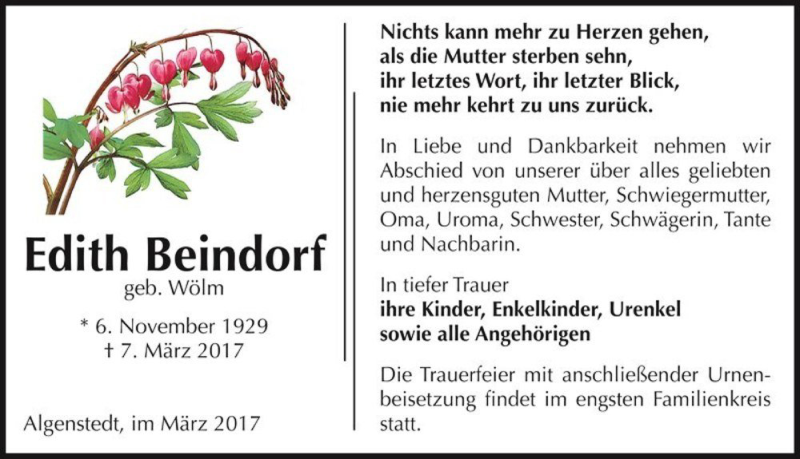  Traueranzeige für Edith Beindorf (geb. Wölm)  vom 14.03.2017 aus Magdeburger Volksstimme