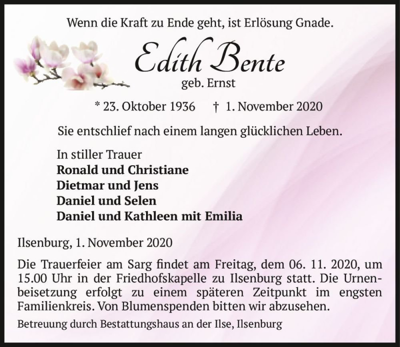  Traueranzeige für Edith Bente (geb. Ernst)  vom 04.11.2020 aus Magdeburger Volksstimme