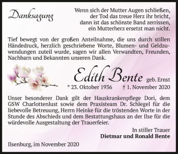 Traueranzeige von Edith Bente (geb. Ernst)  von Magdeburger Volksstimme