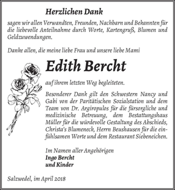 Traueranzeige von Edith Bercht  von Magdeburger Volksstimme