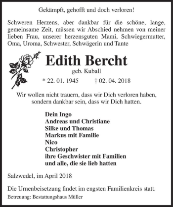 Traueranzeige von Edith Bercht (geb. Kuball)  von Magdeburger Volksstimme