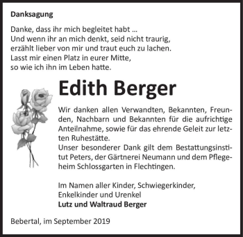 Traueranzeige von Edith Berger  von Magdeburger Volksstimme