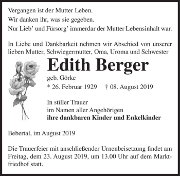 Traueranzeige von Edith Berger (geb. Görke)  von Magdeburger Volksstimme