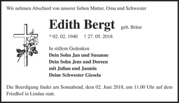 Traueranzeige von Edith Bergt (geb. Bräse)  von Magdeburger Volksstimme