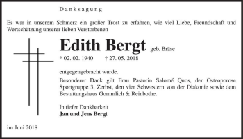 Traueranzeige von Edith Bergt (geb. Bräse)  von Magdeburger Volksstimme