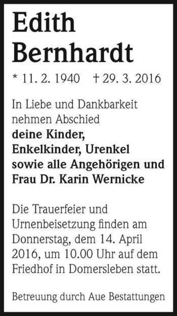 Traueranzeige von Edith Bernhardt  von Magdeburger Volksstimme