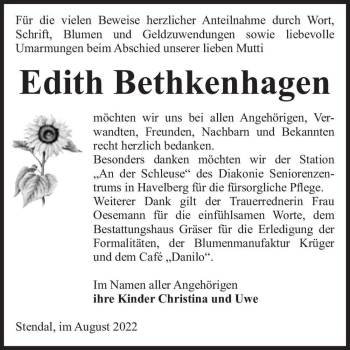 Traueranzeige von Edith Bethkenhagen  von Magdeburger Volksstimme