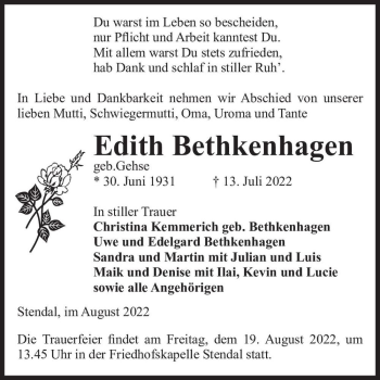 Traueranzeige von Edith Bethkenhagen (geb. Gehse)  von Magdeburger Volksstimme