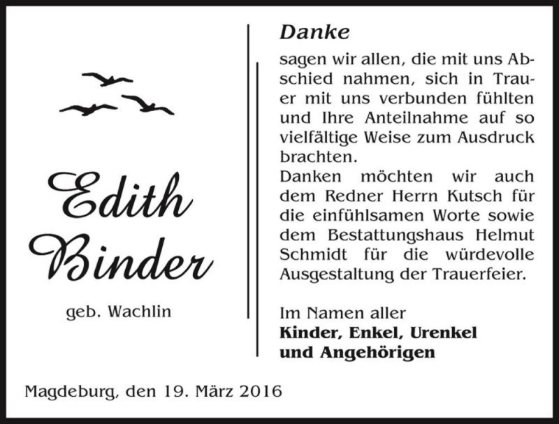  Traueranzeige für Edith Binder (geb. Wachlin)  vom 19.03.2016 aus Magdeburger Volksstimme