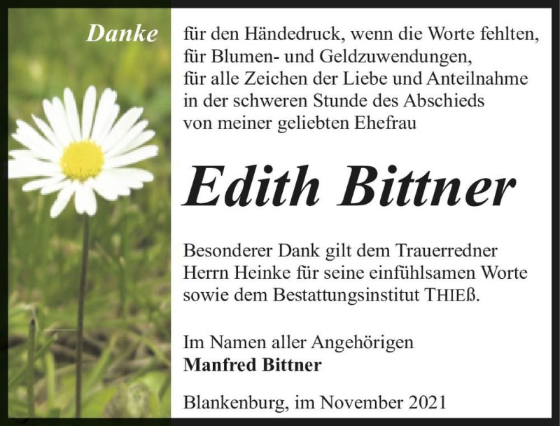  Traueranzeige für Edith Bittner  vom 27.11.2021 aus Magdeburger Volksstimme