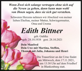 Traueranzeige von Edith Bittner (geb. Guhlke)  von Magdeburger Volksstimme