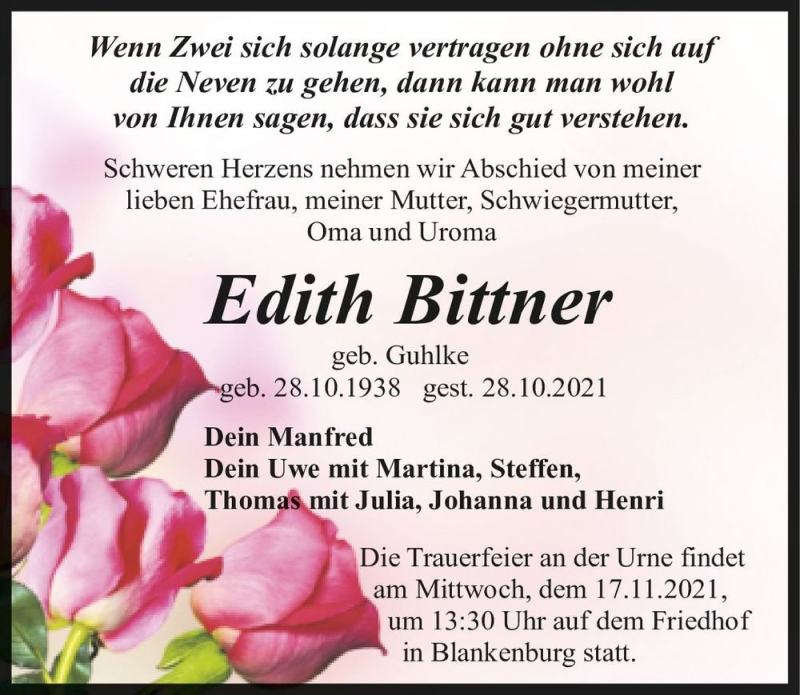 Traueranzeige für Edith Bittner (geb. Guhlke)  vom 06.11.2021 aus Magdeburger Volksstimme