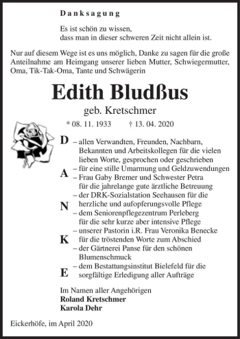 Traueranzeige von Edith Bludßus (geb. Kretschmer)  von Magdeburger Volksstimme