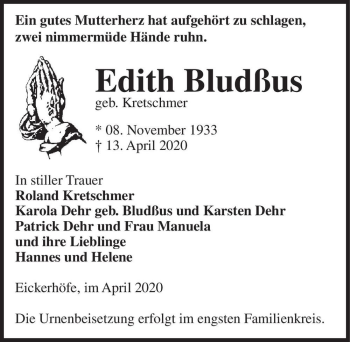 Traueranzeige von Edith Bludßus (geb. Kretschmer)  von Magdeburger Volksstimme