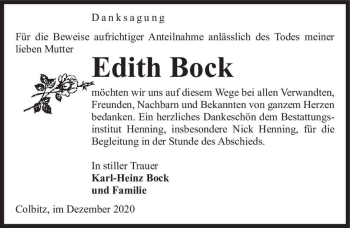Traueranzeige von Edith Bock  von Magdeburger Volksstimme