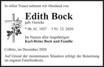 Traueranzeige von Edith Bock (geb. Gericke)  von Magdeburger Volksstimme
